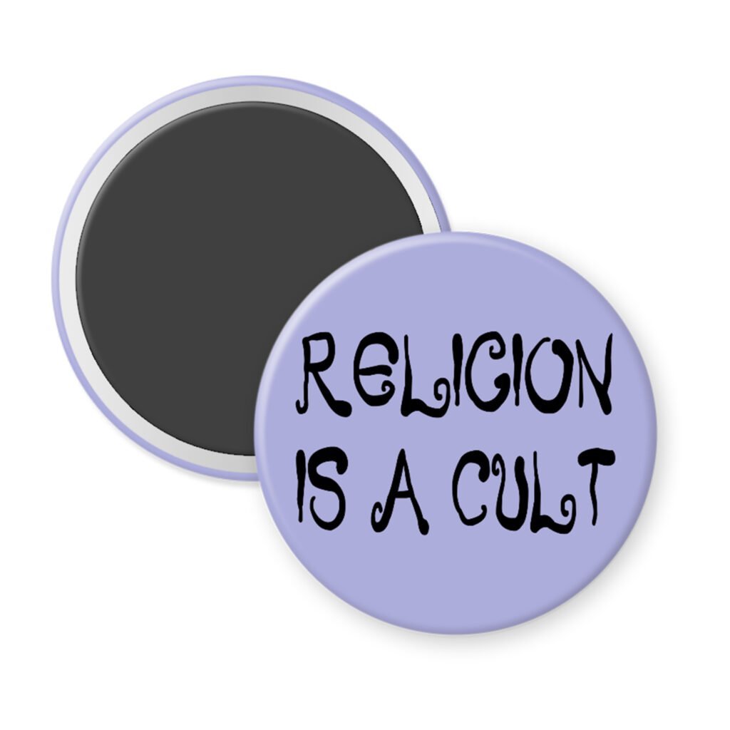 Purple magnet with the text 'Religion is a cult' printed in black.
