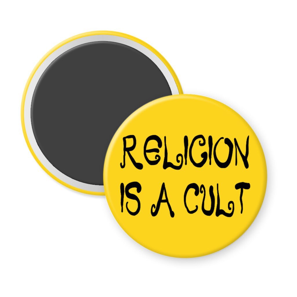 Yellow magnet with the text 'Religion is a cult' printed in black.
