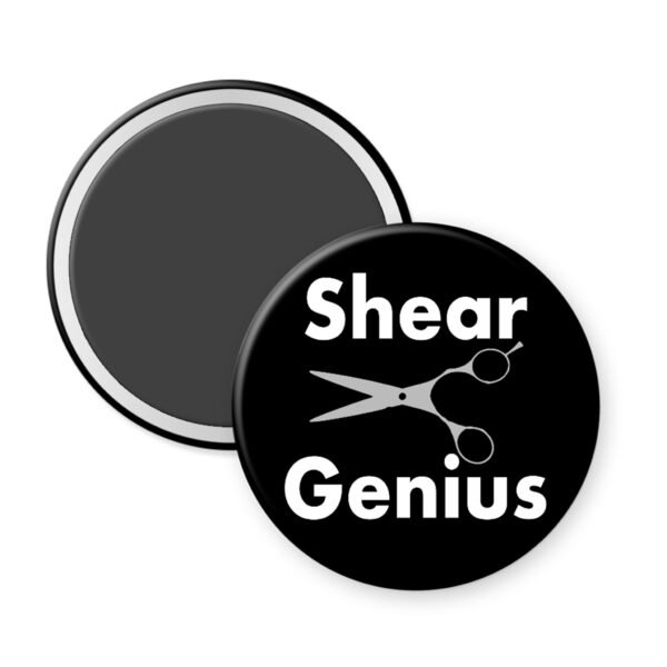 Black magnet with image of hair cutting shears and the words "Shear Genius".