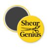 Yellow magnet with an image of haircutting shears and the text 'Shear Genius' printed in black.