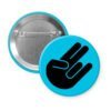 Blue pinback button with the shocker hand gesture printed in black.