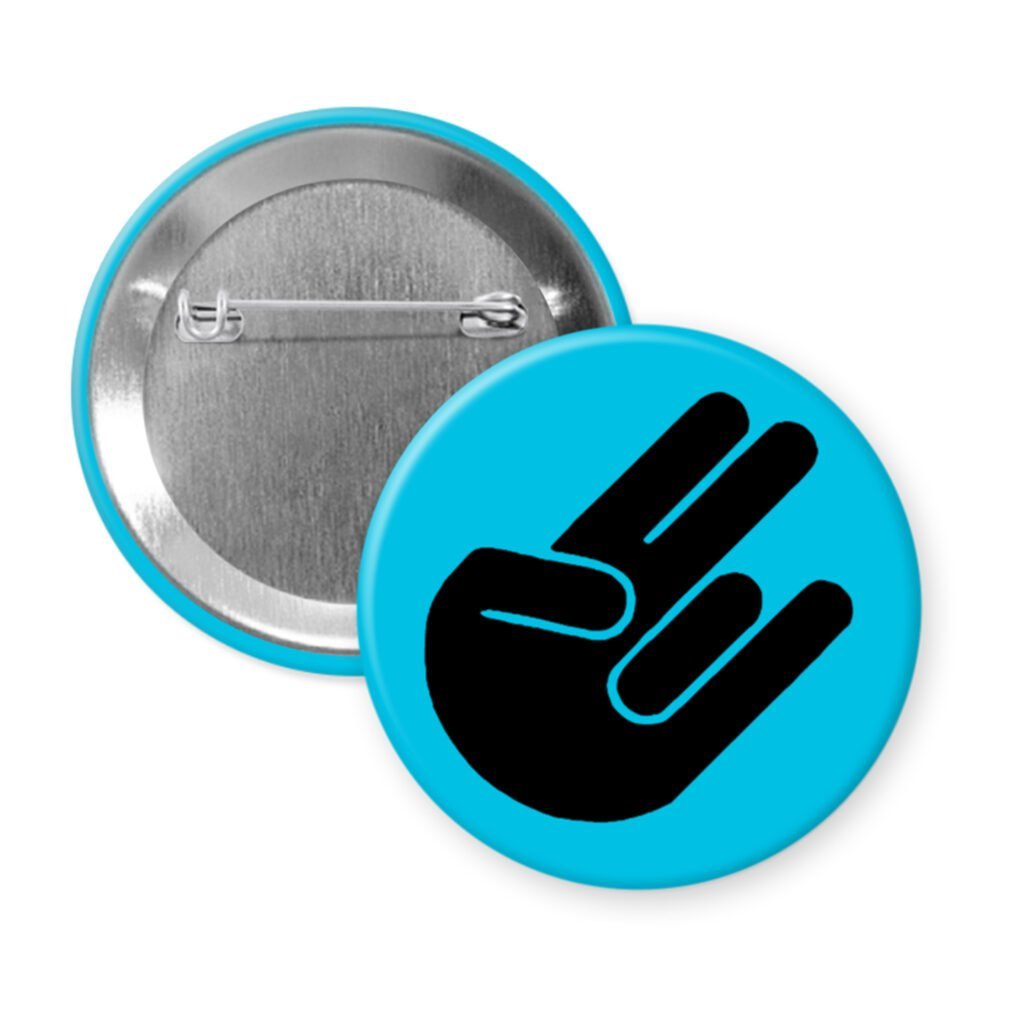 Blue pinback button with the shocker hand gesture printed in black.