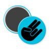 Blue magnet with the shocker hand gesture printed in black.