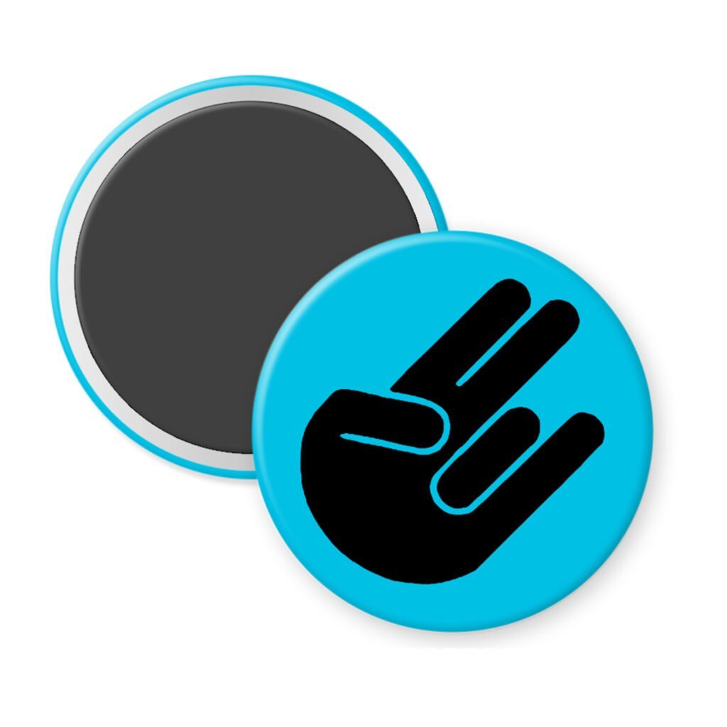 Blue magnet with the shocker hand gesture printed in black.