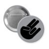 Grey pinback button with the shocker hand gesture printed in black.