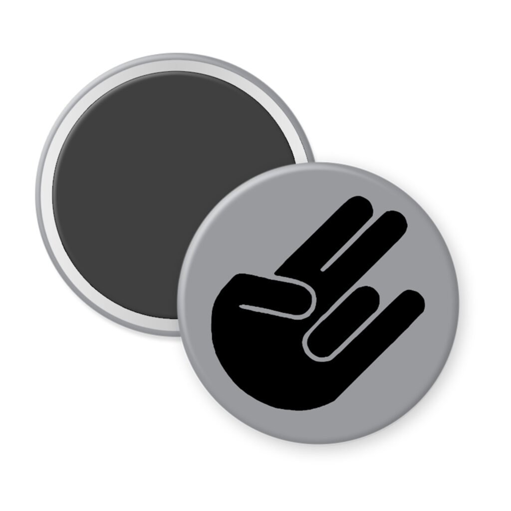 Grey magnet with the shocker hand gesture printed in black.