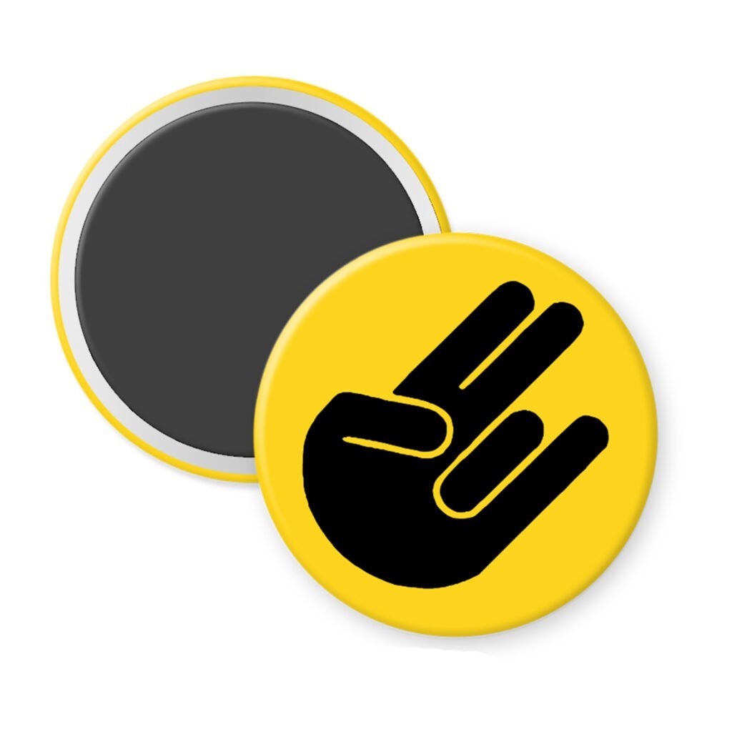 Yellow magnet with the shocker hand gesture printed in black.