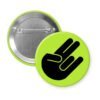 Green pinback button with the shocker hand gesture printed in black.