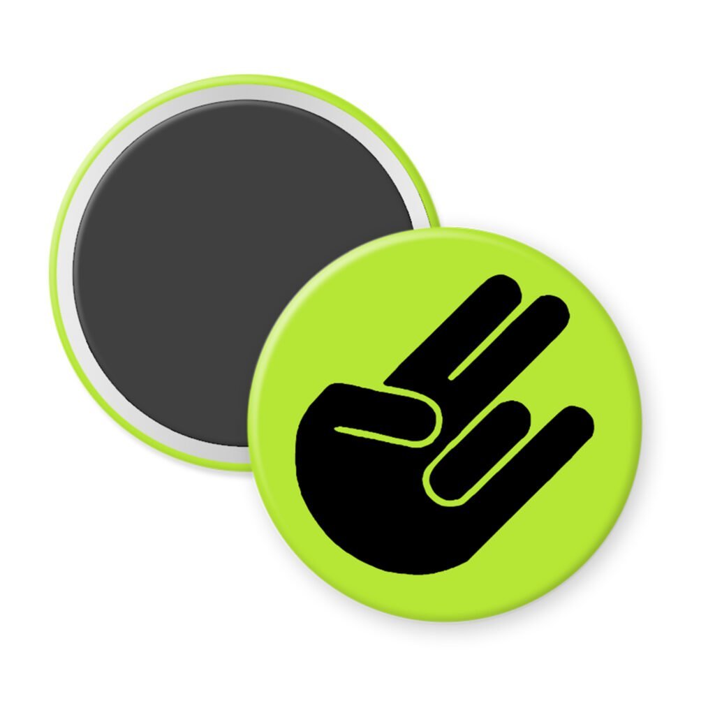 Green magnet with the shocker hand gesture printed in black.