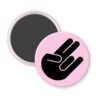 Pink magnet with the shocker hand gesture printed in black.