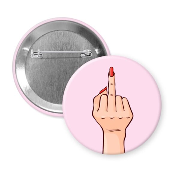 Button badge with a hand making a middle finger gesture on a pink background
