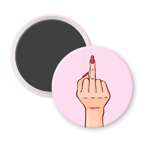 Magnet with a hand making a middle finger gesture on a pink background
