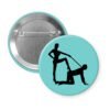 Blue pinback button with silhouette image of a man on his hands and knees and a dominatrix holding his leash.