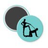 Blue magnet with silhouette image of a man on his hands and knees and a dominatrix holding his leash.