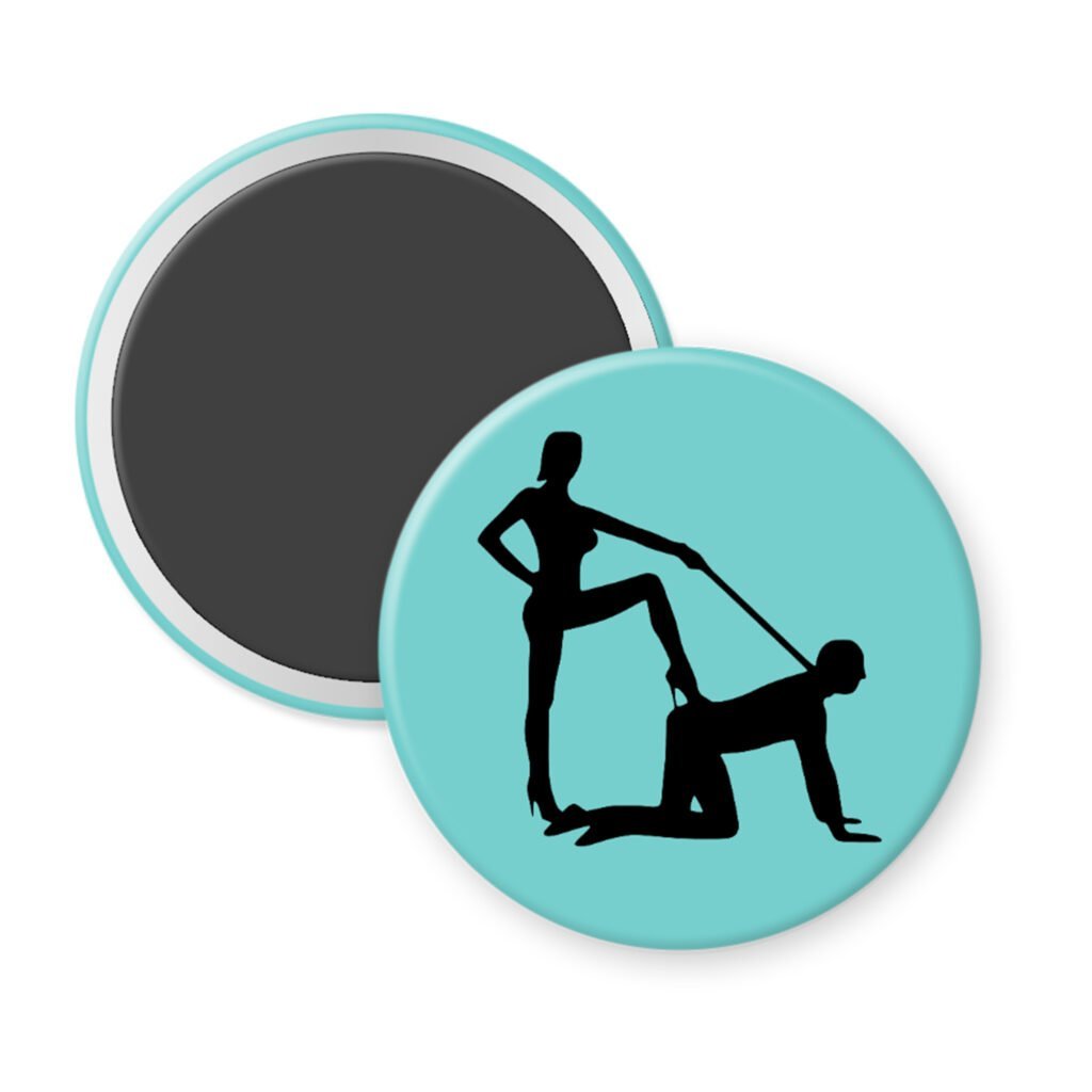 Blue magnet with silhouette image of a man on his hands and knees and a dominatrix holding his leash.