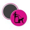 Fuchsia pink magnet with silhouette image of a man on his hands and knees and a dominatrix holding his leash.