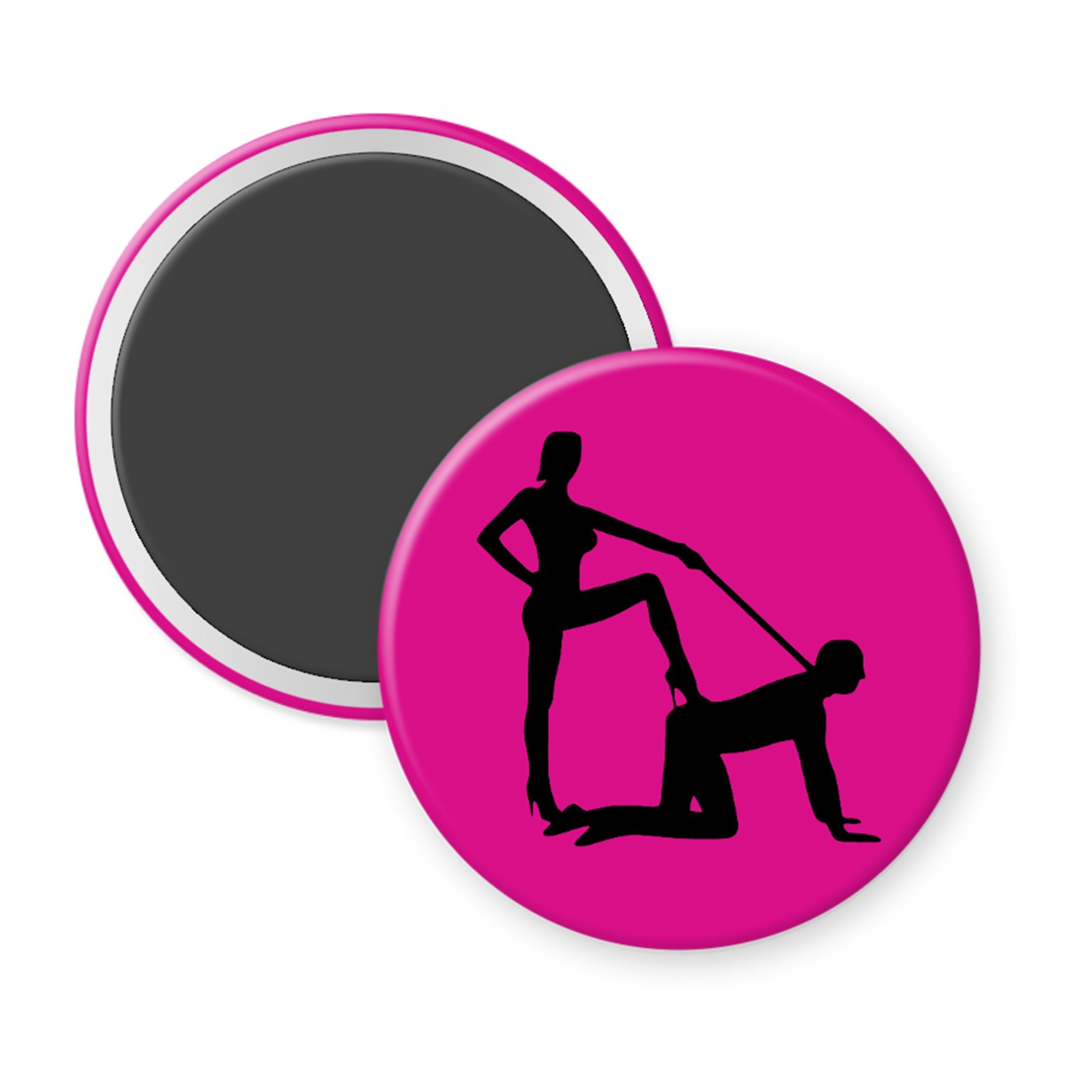 Fuchsia pink magnet with silhouette image of a man on his hands and knees and a dominatrix holding his leash.