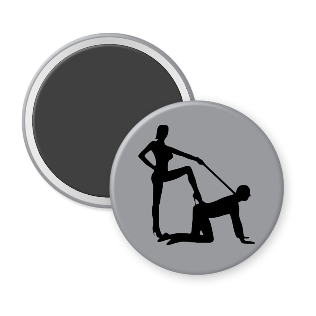 Grey magnet with silhouette image of a man on his hands and knees and a dominatrix holding his leash.