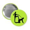 Green pinback button with silhouette image of a man on his hands and knees and a dominatrix holding his leash.