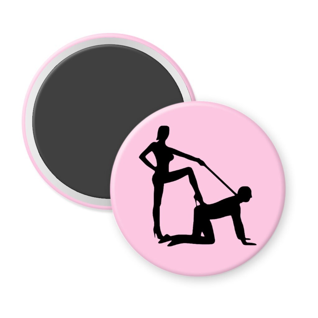 Light pink magnet with silhouette image of a man on his hands and knees and a dominatrix holding his leash.