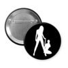 Button badge with a black silhouette design on a white background
