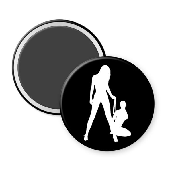 Round black magnet with white silhouette design on a white background