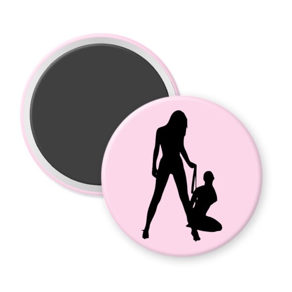 Magnet with a pink background and black silhouette design on a white background