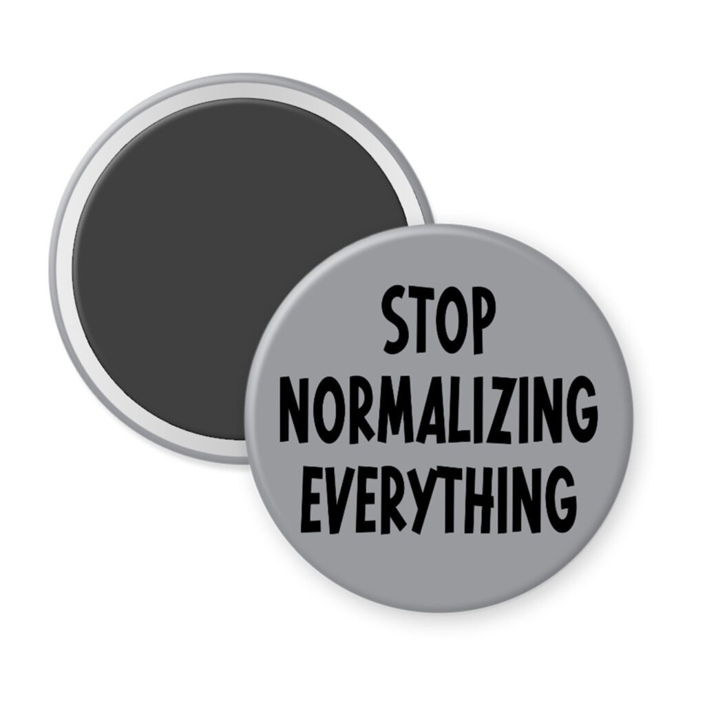 Grey magnet with the text 'Stop normalizing everything' printed in black.