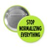 Green pinback button with the text 'Stop normalizing everything' printed in black.