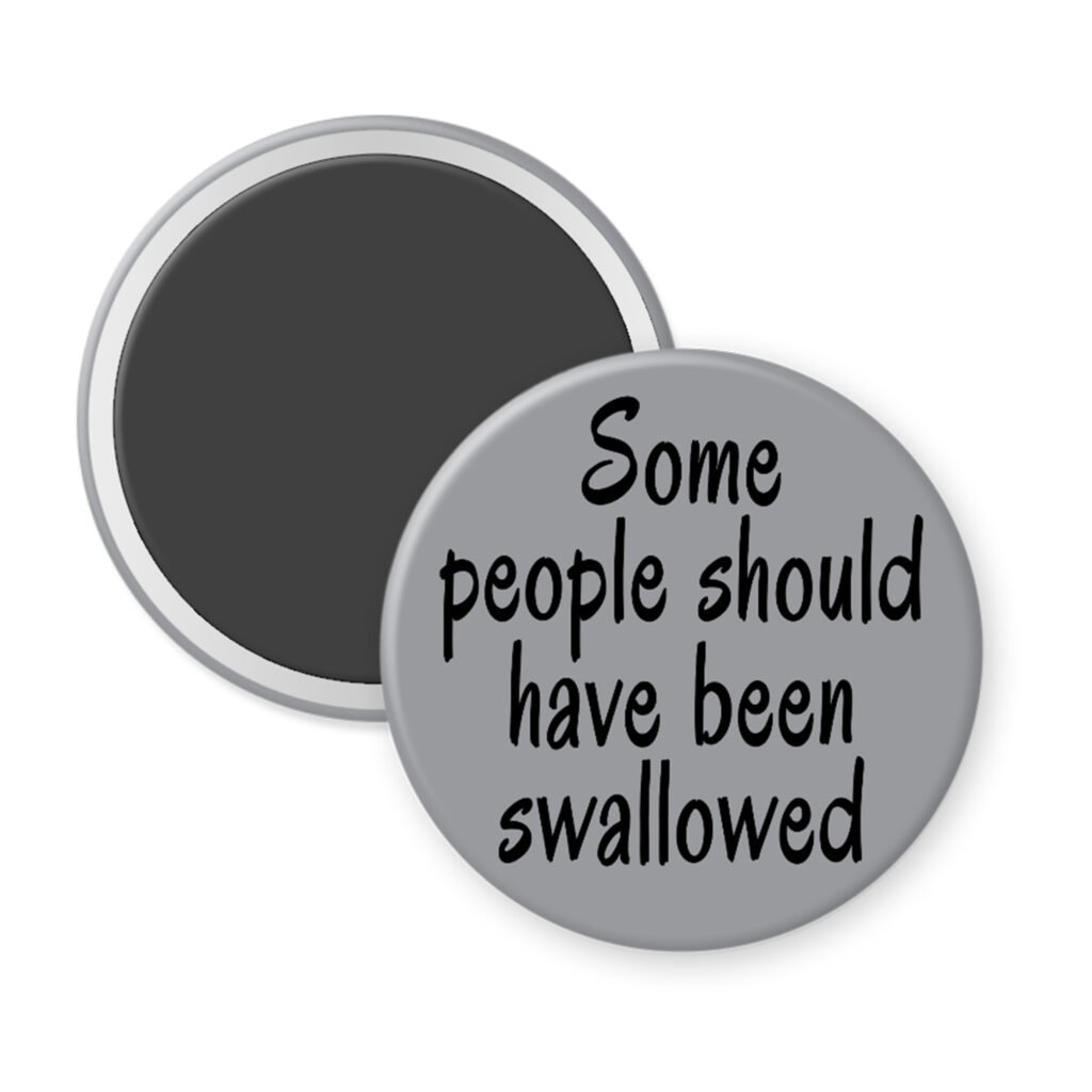 Grey magnet with the text 'Some people should have been swallowed' printed in black.