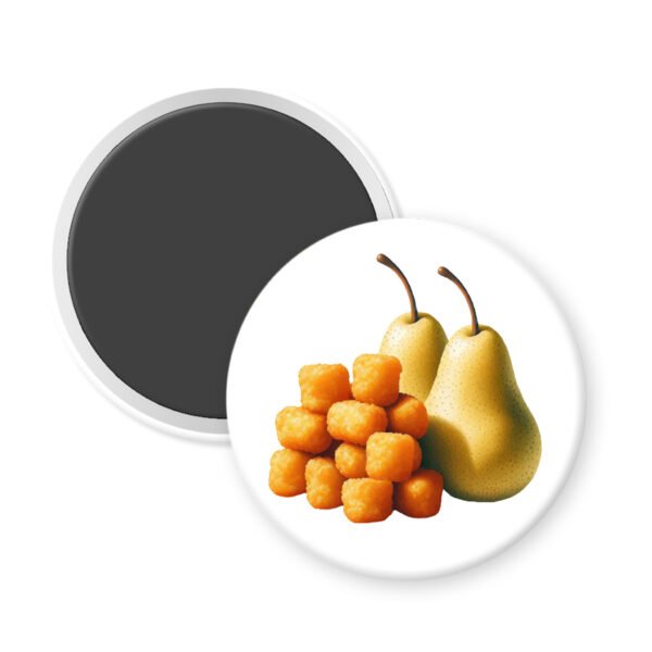 A white magnet with two yellow pears and a pile of golden brown tater tots.