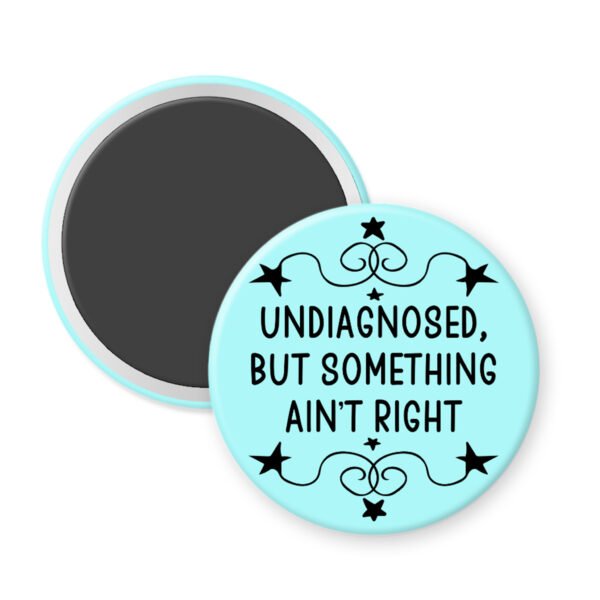 Magnet with text 'undiagnosed, but something ain't right' on a light blue background.