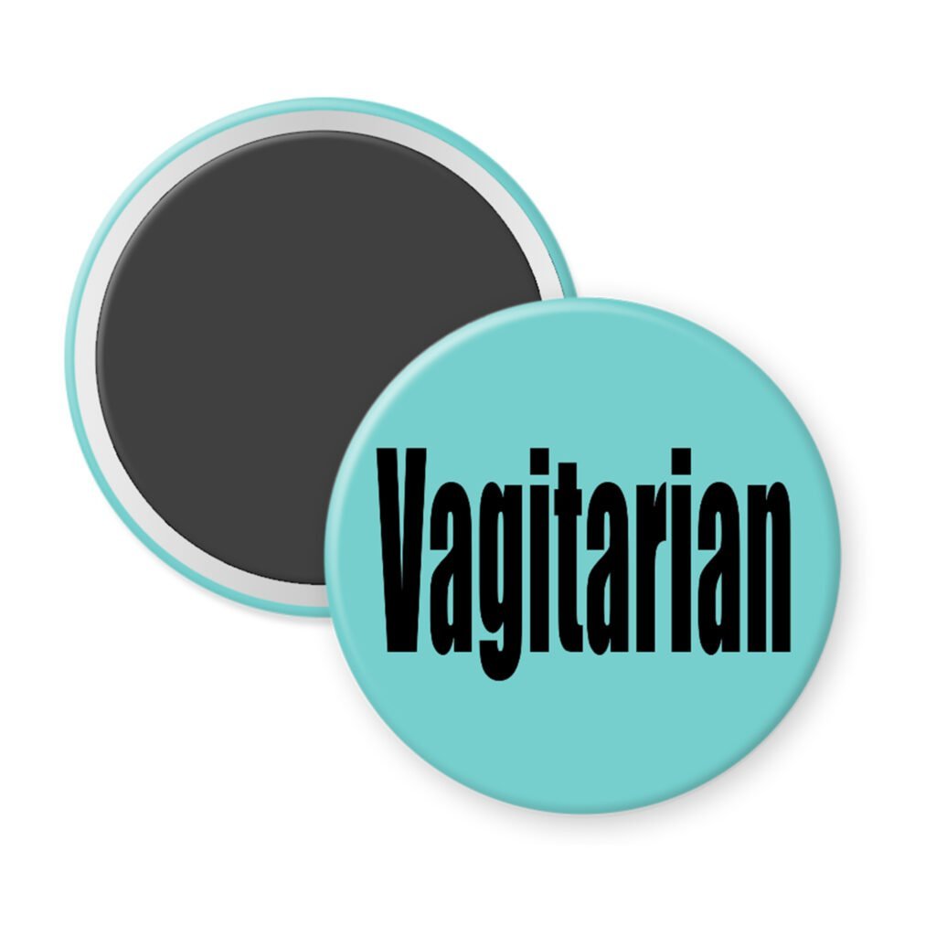 Blue magnet with the word 'Vagitarian' printed on black.