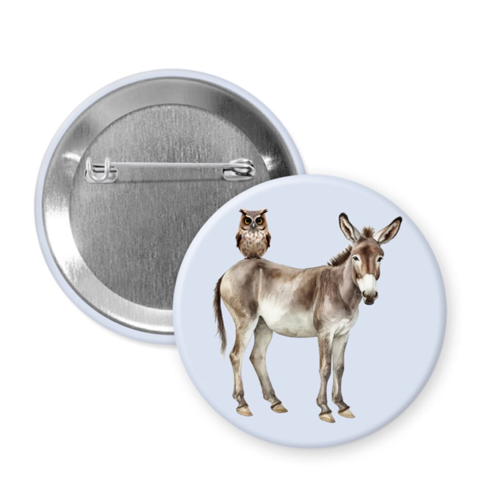 Blue wiseass visual pun button with image of an owl sitting on a donkey.