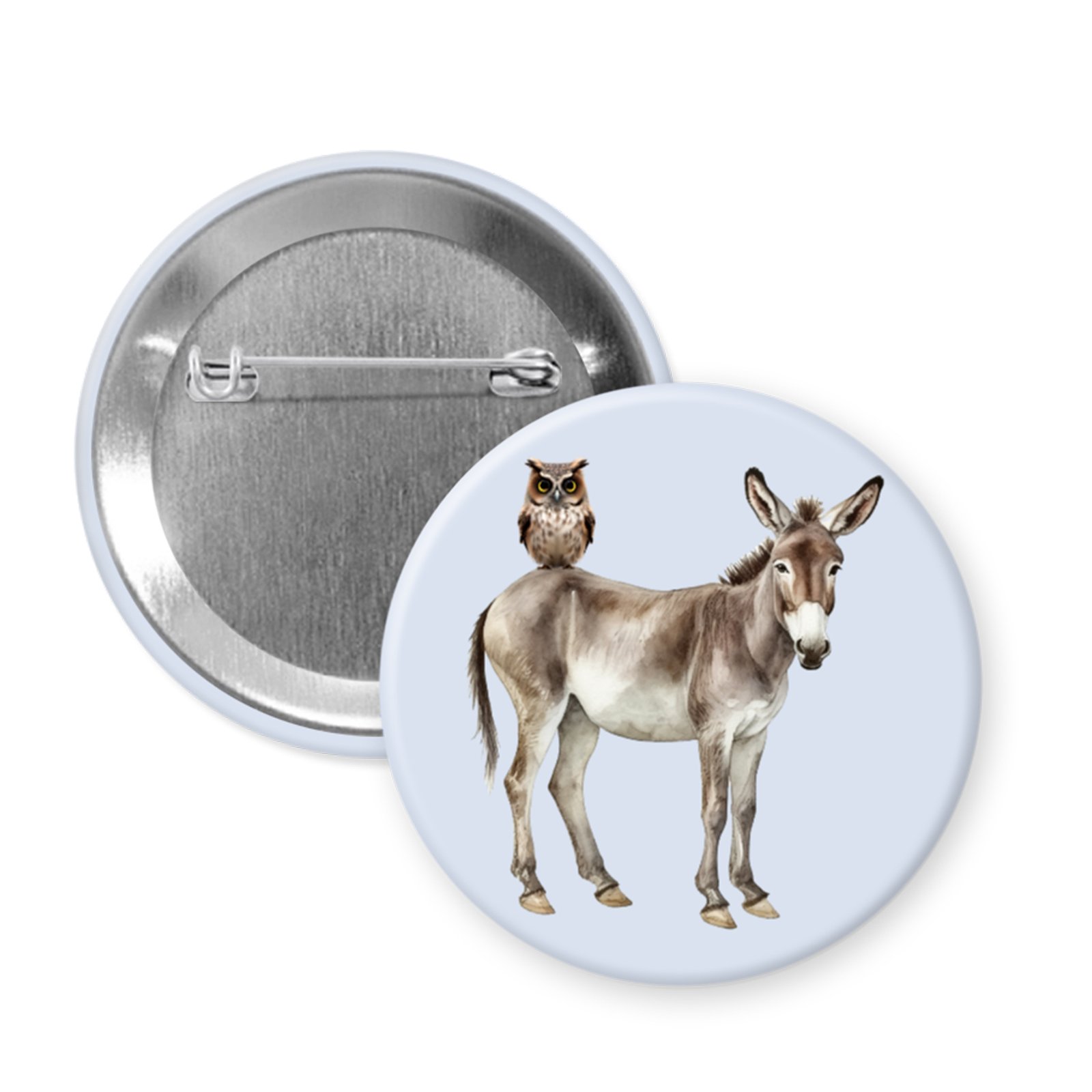 Wiseass Button or Magnet – Owl on Donkey Visual Pun, Light Blue