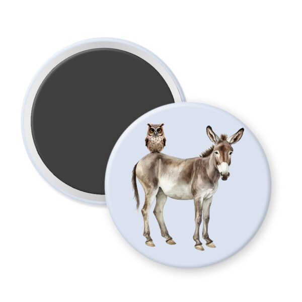 Blue wiseass visual pun button magnet with image of an owl sitting on a donkey.