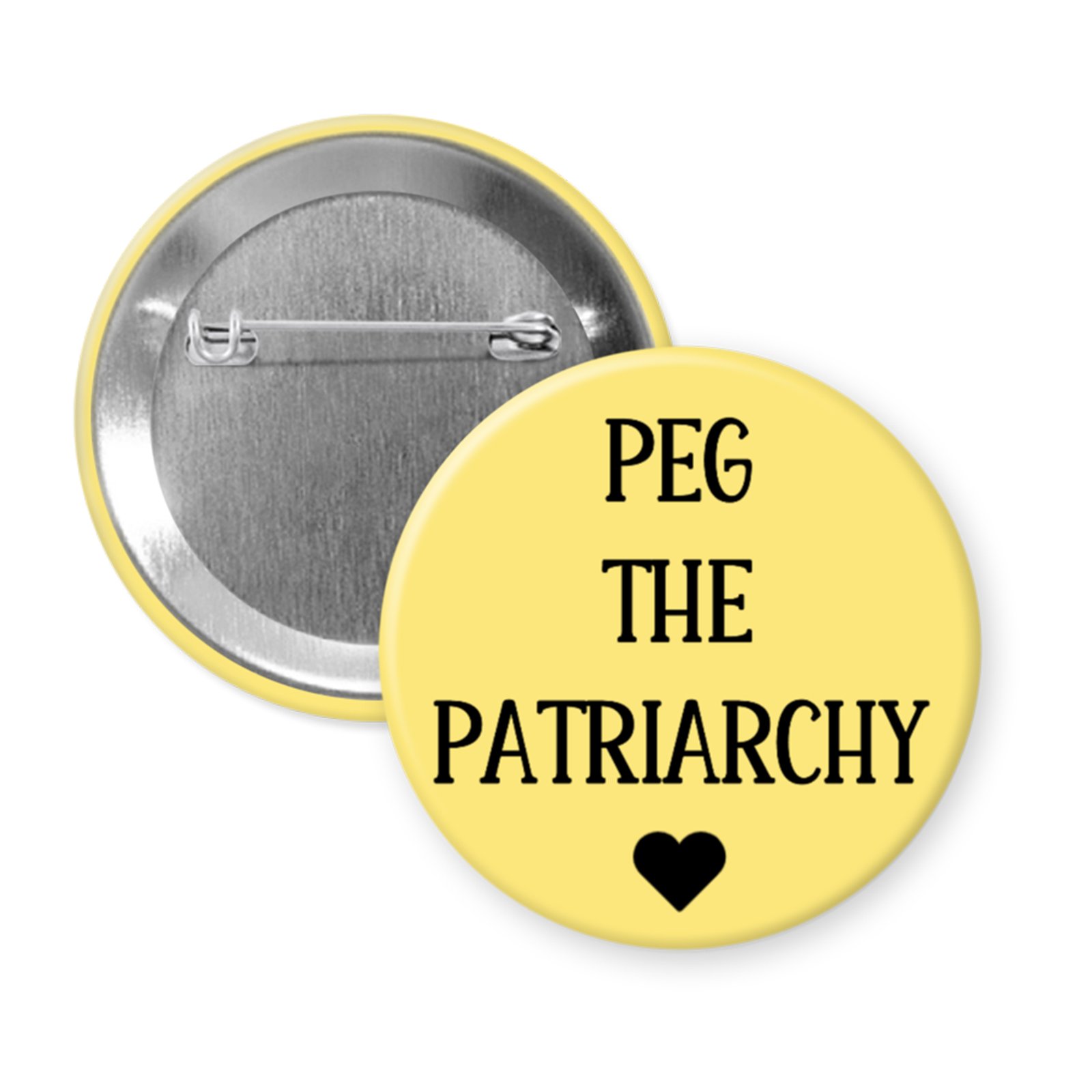 Yellow button button with the text 'PEG THE PATRIARCHY' in black text.