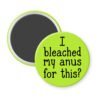 Green magnet with the text 'I bleached my anus for this?' printed in black.