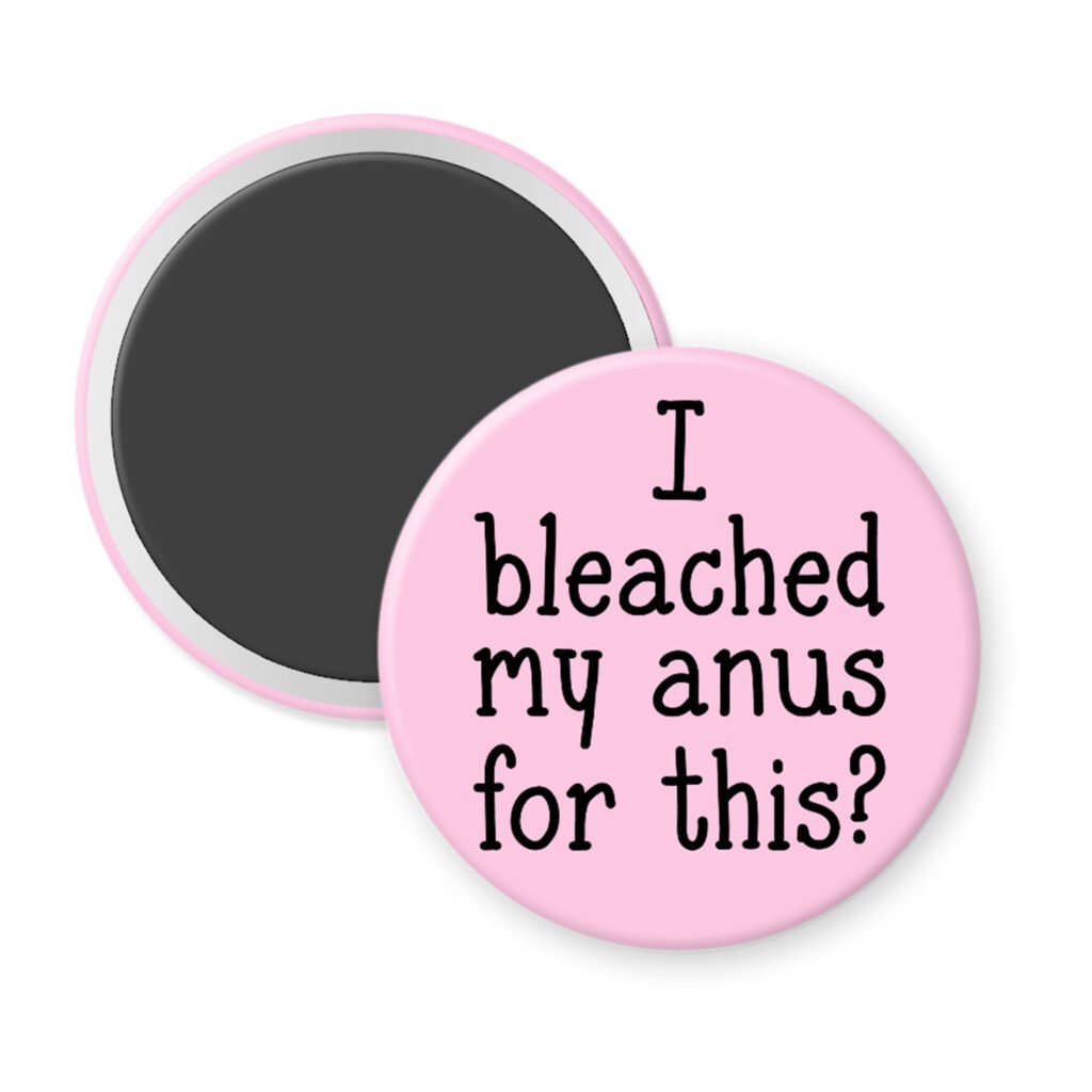 Pink magnet with the text 'I bleached my anus for this?' printed in black.