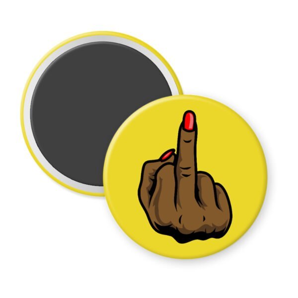 Yellow magnet with a printed illustration of a brown melanin‑tone hand holding up a middle finger with a glossy red nail.