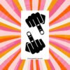 Sticker sheet with two black hand designs and ShamelessGoods.com branding on colorful background.