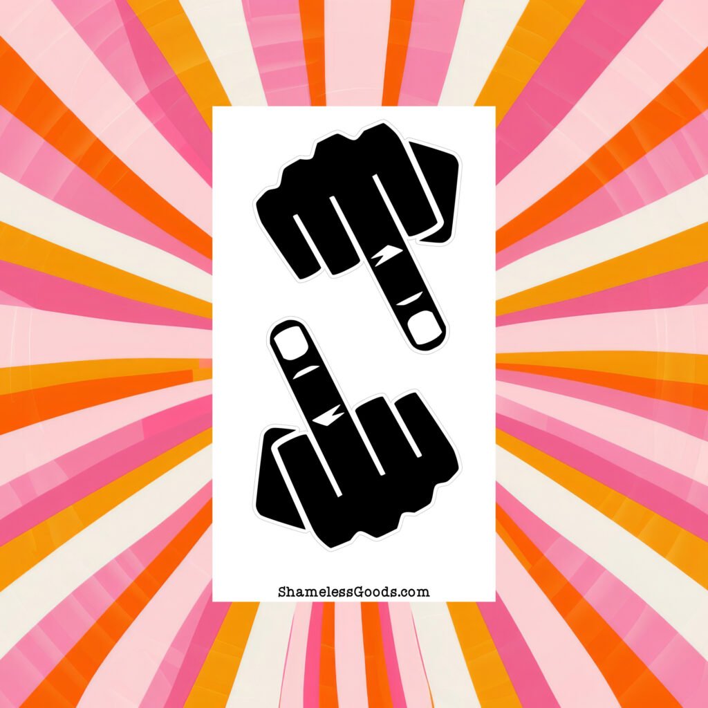 Sticker sheet with two black hand designs and ShamelessGoods.com branding on colorful background.