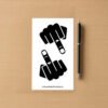 Sticker sheet with two black hand designs and ShamelessGoods.com branding on wood background.