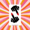 Sticker sheet with two black hand designs featuring red fingernails, showing middle‑finger gesture.