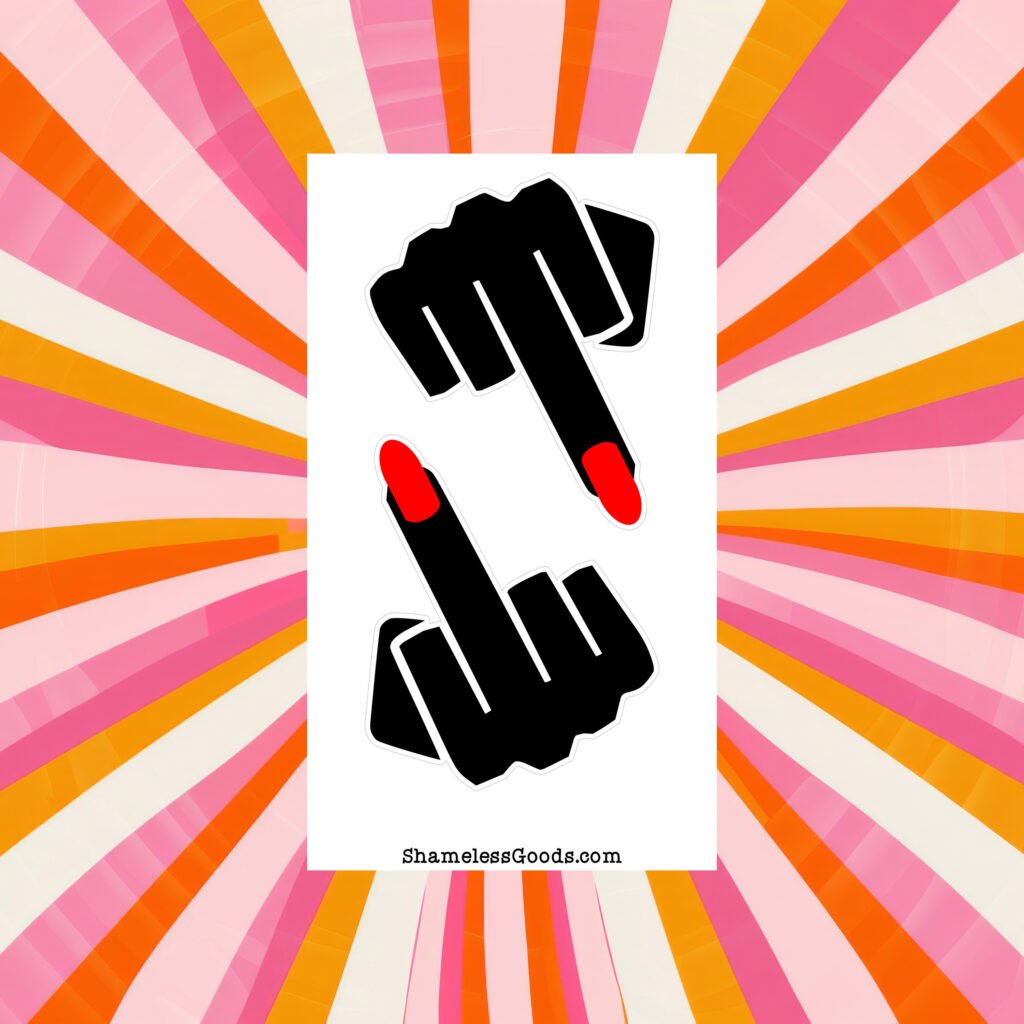 Sticker sheet with two black hand designs featuring red fingernails, showing middle‑finger gesture.