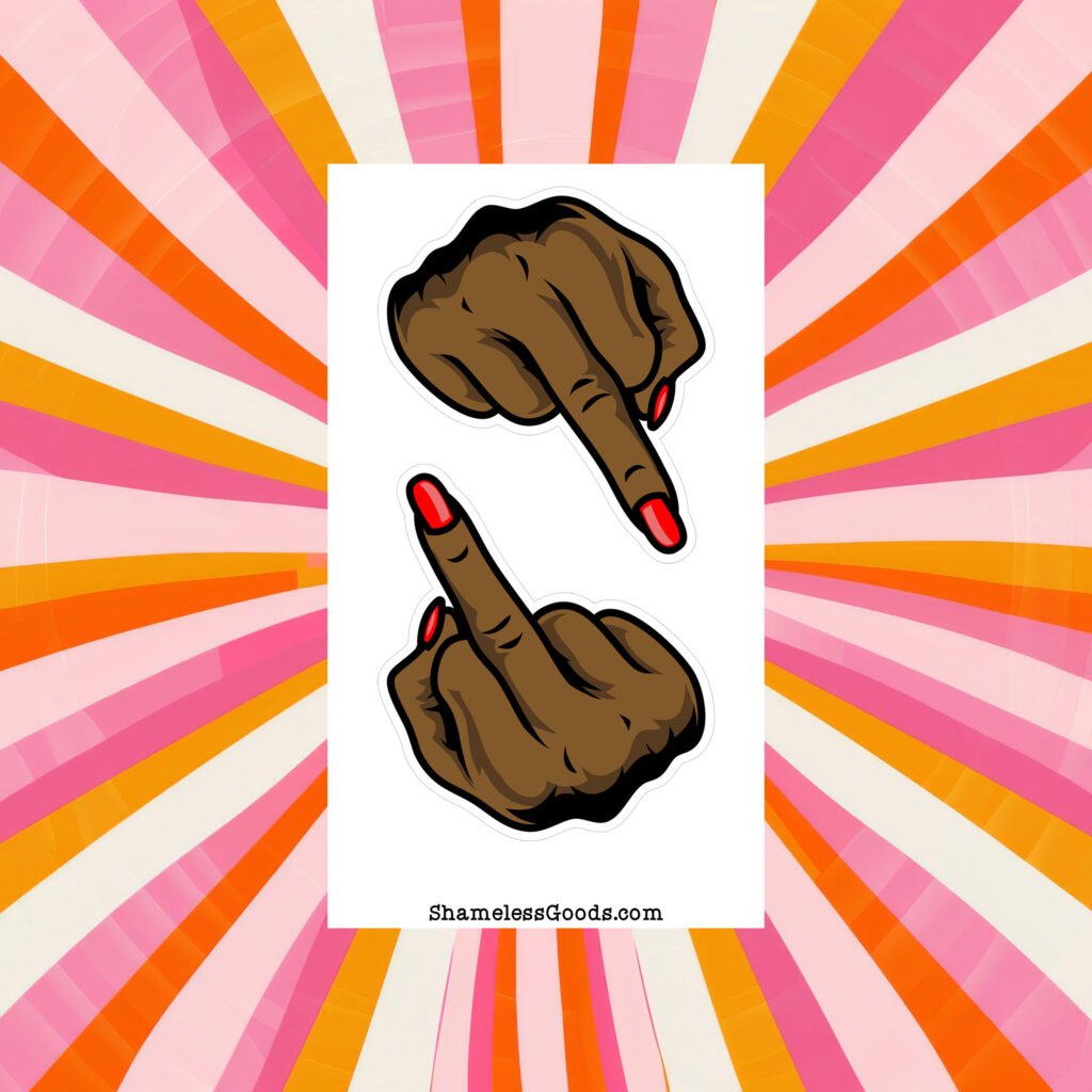 Sticker sheet with two brown hand designs showing middle‑finger gesture and red nails.