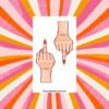 Sticker sheet with two light‑skin hand designs showing middle‑finger gesture and red nails.