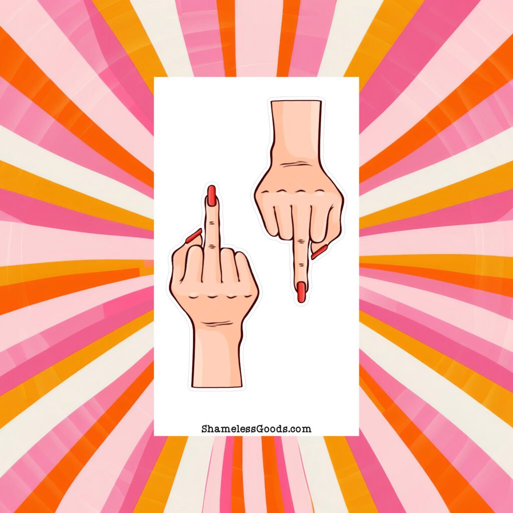 Sticker sheet with two light‑skin hand designs showing middle‑finger gesture and red nails.