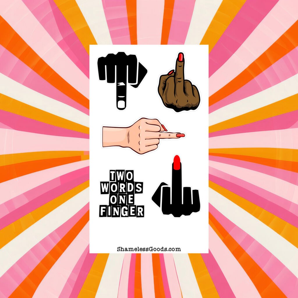 White sticker sheet featuring assorted middle‑finger hand graphics in different skin tones and styles, with ShamelessGoods.com branding at bottom.