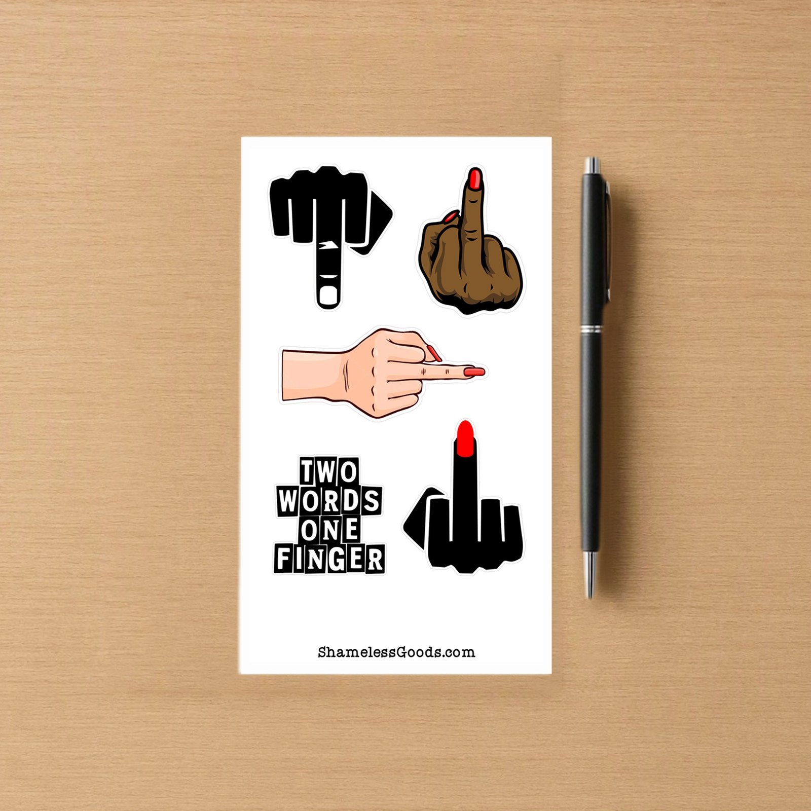 White sticker sheet featuring assorted middle‑finger hand graphics in different skin tones and styles, with ShamelessGoods.com branding at bottom.